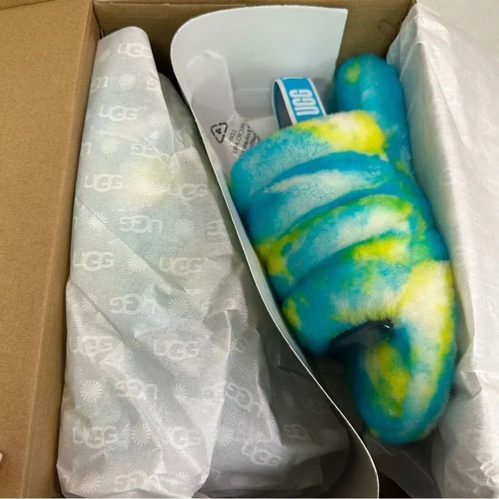 New Ugg Kids Fluff Yeah Slide Marble Sandal Slippers Oasis Blue Sulphur